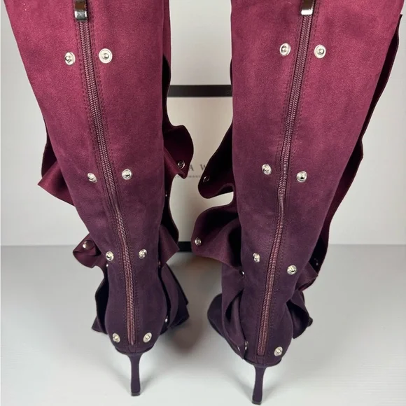 Azalea Wang Imogine Purple Ruched Knee High Boots Stud Snap Stiletto Multiple Sz - Picture 4 of 7